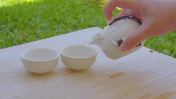 中国女人的手在中国茶道上倒茶 — 图库视频影像