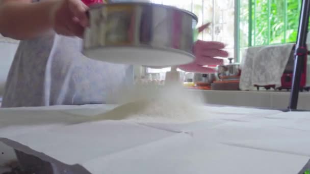 Housewife Hand Sifts Flour Ready Baking Cake — Stock Video