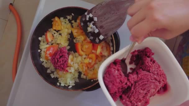 家庭主妇在火锅里用番茄酱煮碎牛肉 — 图库视频影像
