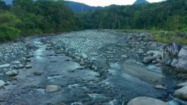 Yeşil ormanı ve temiz nehri olan güzel köy insansız hava aracı görüntüleri.