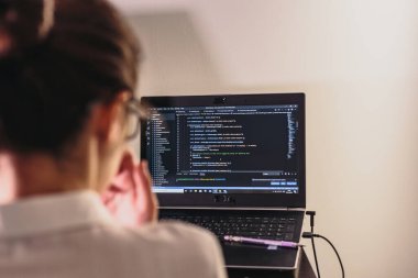Programcı kız bilgisayarda çalışıyor. Kadınların elinden bilgi teknolojisi. Kadınlar iş başında. Kız evden çalışıyor..