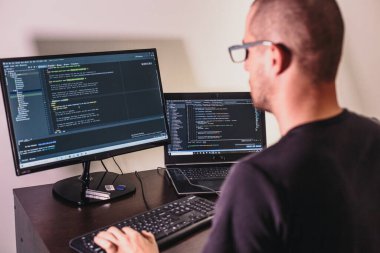 Gözlüklü bilgisayar programcısı. Bilgi Teknolojisi. Kadınlar iş başında. Adam evden çalışıyor..