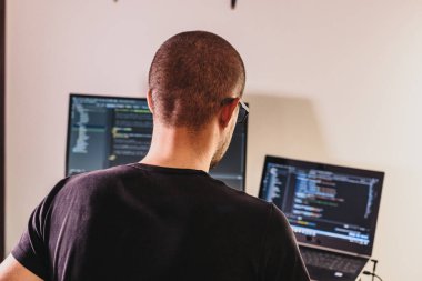 Gözlüklü bilgisayar programcısı. Bilgi Teknolojisi. Kadınlar iş başında. Adam evden çalışıyor..