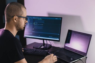 Gözlüklü bilgisayar programcısı. Bilgi Teknolojisi. Kadınlar iş başında. Adam evden çalışıyor..