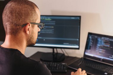 Gözlüklü bilgisayar programcısı. Bilgi Teknolojisi. Kadınlar iş başında. Adam evden çalışıyor..