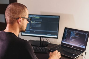 Gözlüklü bilgisayar programcısı. Bilgi Teknolojisi. Kadınlar iş başında. Adam evden çalışıyor..