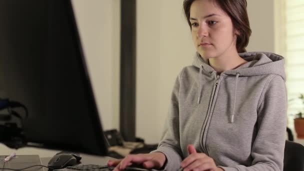 Bilgisayarda Çalışıyor Kız Programcı Programlama Eğitimi Koca Karısına Öğretiyor — Stok video