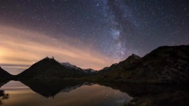 Samanyolu 'nun ve karlı dağ sırtlarının ardındaki yıldızlı gökyüzünün gözle görülür dönüşü, cennet gibi apin gölünü yansıtır. Orion Takımyıldızı soldan geliyor. Zaman Hızı 4k videosu.