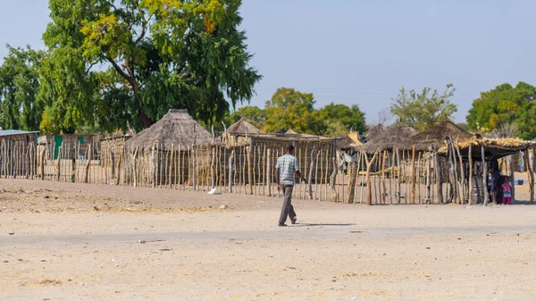 Caprivi, Namíbia - 20 de agosto de 2016: Pobre homem caminhando na beira da estrada na Faixa de Caprivi rural, a região mais populosa da Namíbia, África . — Fotografia de Stock