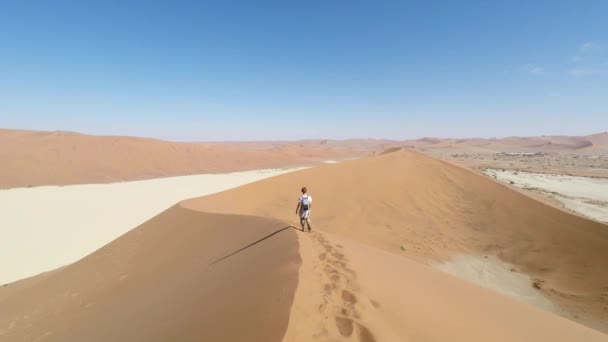 Görkemli Namib Çölü, Sossusvlei, Namib Naukluft Milli Parkı, ana ziyaretçi cazibe ve seyahat hedef Namibya yürüyen turist. Afrika macera. — Stok video