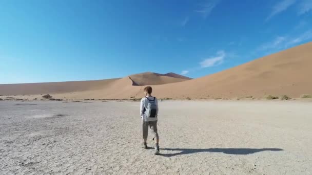 Görkemli Namib Çölü, Sossusvlei, Namib Naukluft Milli Parkı, ana ziyaretçi cazibe ve seyahat hedef Namibya yürüyen turist. Afrika macera. — Stok video