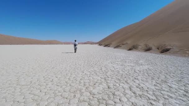 Toeristische wandelen in de majestueuze Namib woestijn, Sossusvlei, Namib Naukluft Nationaal Park, de bezoeker van de belangrijkste attractie en reisbestemming in Namibië. Avonturen in Afrika. — Stockvideo