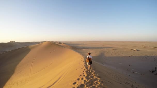 Tourist walking in the majestic Namib desert, Sossusvlei, Namib Naukluft National Park, main visitor attraction and travel destination in Namibia. Adventures in Africa. — Stock Video