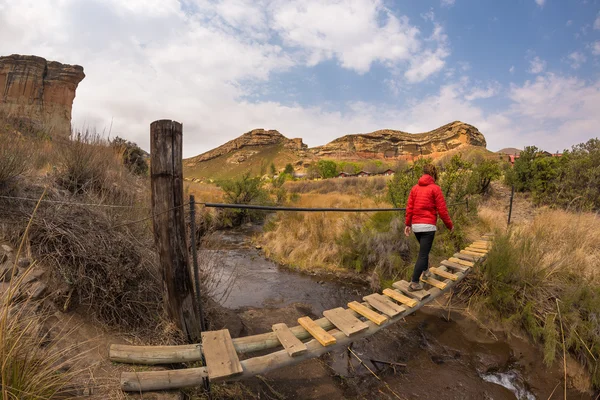 Mujer excursionista cruzando la pasarela colgante, suspendida en el arroyo, en el majestuoso Parque Nacional Golden Gate Highlands, Sudáfrica. Concepto de aventura y personas viajeras. Vista del ojo de pez . — Foto de Stock