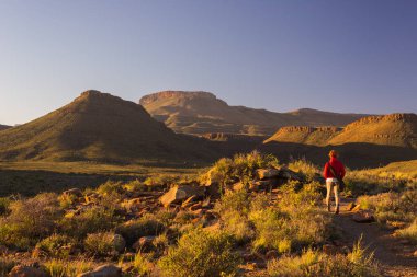 Karoo National Park, Güney Afrika için işaretli izinde yürüyen turist. Doğal tablo dağlar, kanyonları ve kayalıklarla gün batımında. Macera ve keşif Afrika.