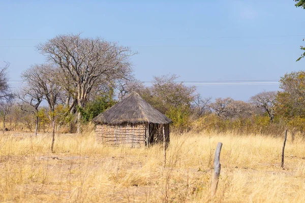 Palha de lama e cabana de madeira com telhado de palha no mato. Aldeia local na Faixa de Caprivi rural, a região mais populosa da Namíbia, África. — Fotografia de Stock
