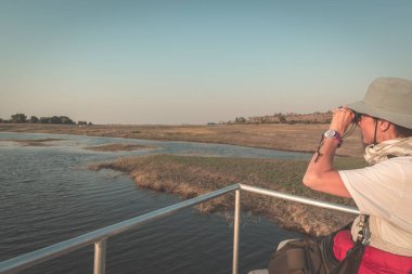 Turist izlerken yaban hayatı dürbün süre tarafından tekne gezisi Chobe nehir, Namibya Botsvana sınırında, Afrika. Chobe Ulusal Park, ünlü wildlilfe koruma ve lüks seyahat hedef. Tonlu görüntü.