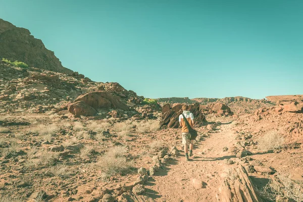 Turist i Namiböknen, Namib Naukluft National Park, Namibia. Äventyr och utforskning i Afrika. Tonad bild, vintage stil kors bearbetning. — Stockfoto