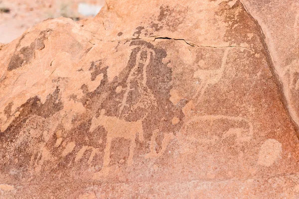 Los famosos grabados rupestres prehistóricos en Twyfelfontein, atracción turística y destino turístico en Namibia, África . —  Fotos de Stock