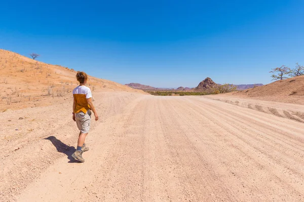 Chodzenie na 4 x 4 road przez pustynię kolorowe o Twyfelfontein, majestatyczny Damaraland Brandberg, sceniczny turysta przeznaczenia w Namibia, Afryka. — Zdjęcie stockowe