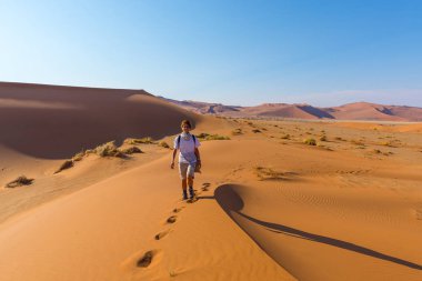 Turist Sossusvlei, Namib Çölü, Namib Naukluft Milli Parkı, Namibya doğal tepeleri üzerinde yürüme. Öğleden sonra ışık. Macera ve keşif Afrika.
