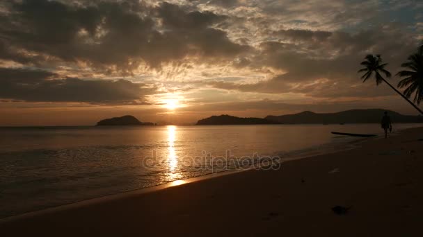 Kvinna siluett gå på natursköna tropisk strand i motljus. Fantastisk solnedgång och viftande havsutsikt. — Stockvideo