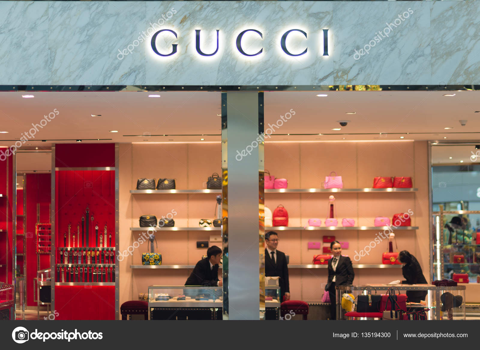 Bangkok, Thailand December 19, 2016: Details of store Suvarnabhumi International Airport, Thailand. Close up. Gucci is an Italian fashion and leather goods brand, founded in 1920 i –