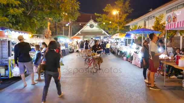Nong Khai, Thailand - Aralık, 2016: lezzetli yiyecek durak ve Nong Khai, Thailand, renkli hafta sonu sokak pazarında gezici insanlar. — Stok video
