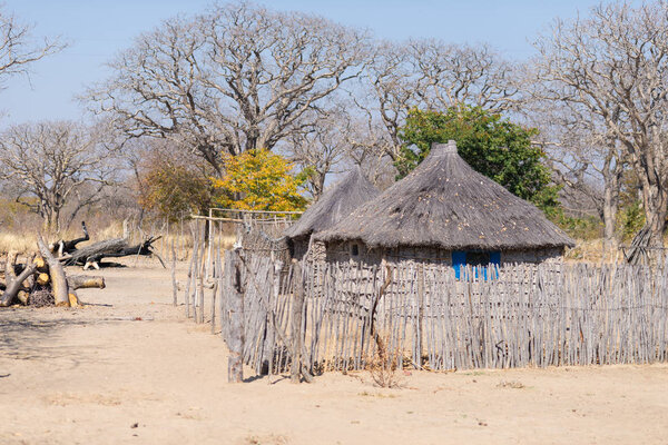 Mud straw and wooden hut with thatched roof in the bush. Local village in the rural Caprivi Strip, the most populated region in Namibia, Africa.