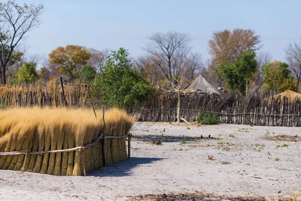 Mud straw and wooden hut with thatched roof in the bush. Local village in the rural Caprivi Strip, the most populated region in Namibia, Africa. — Stock Photo, Image