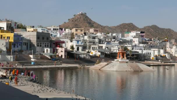 Pushkar, India - Febrero, 2017: adoradores en los ghats sagrados en el estanque de agua en Pushkar, Rajastán, India, ciudad sagrada para los hindúes . — Vídeos de Stock