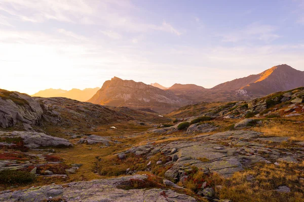 Alpine meadow en grasland temidden van grote hoogte bergketen op zonsondergangen. De Italiaanse Alpen, bekende reisbestemming in zomer. — Stockfoto