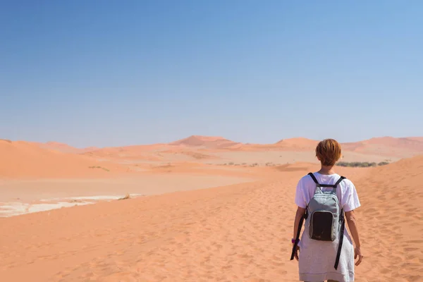Turist går på de naturskjønne sanddynene i Sossusvlei, Namib-ørkenen, Namib Naukluft nasjonalpark, Namibia. Eventyr og leting i Afrika . – stockfoto