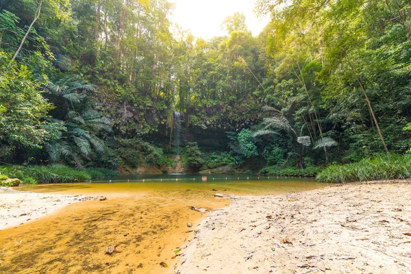 Dreamy multicolored natural pool hidden in the dense and umid rainforest of Lambir Hills National Park, Borneo, Malaysia. Concept of discovery and exploration of tropical travel destinations. Wide ang — Stock Photo, Image