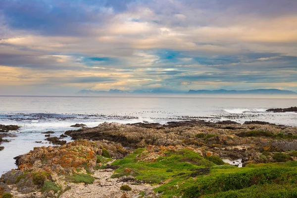 Linha costeira rochosa no oceano em De Kelders, África do Sul, famosa pela observação de baleias. Estação de inverno, céu nublado e dramático . — Fotografia de Stock