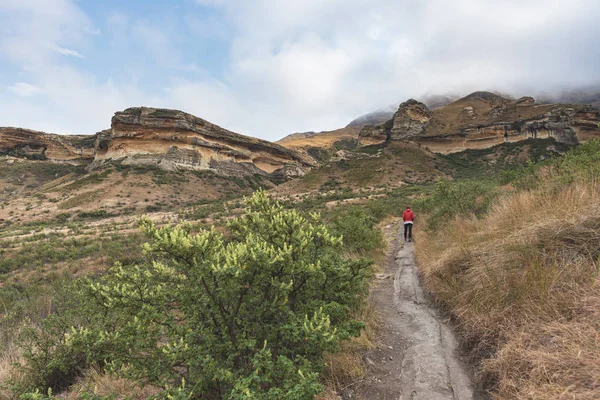 Golden Gate Highlands National Park, Güney Afrika için işaretli izinde trekking turist. Doğal tablo dağlar, kanyonları ve kayalıklarla. Macera ve keşif Afrika.