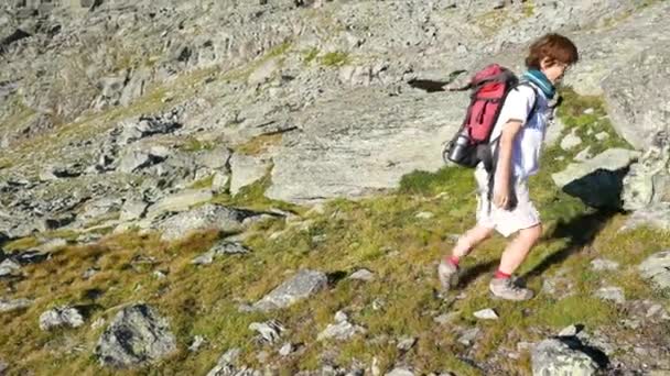 Trekking de mujer en el paisaje rocoso de montaña de gran altitud. Aventuras de verano en los Alpes franceses italianos . — Vídeo de stock