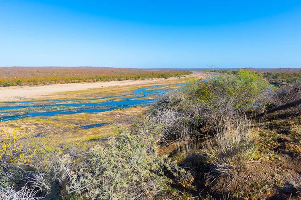 Rio Olifants, paisagem cênica e colorida com vida selvagem no Parque Nacional Kruger, famoso destino de viagem na África do Sul. Céu azul claro . — Fotografia de Stock
