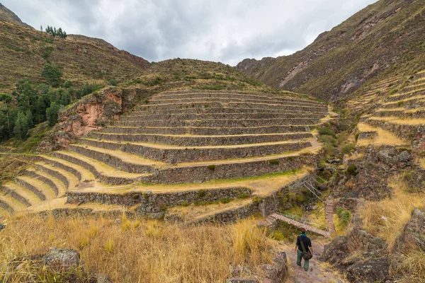 Turista explorando los Senderos Incas y las majestuosas terrazas de Pisac, Valle Sagrado, principal destino turístico en la región del Cusco, Perú. Vacaciones y aventuras en Sudamérica . — Foto de Stock