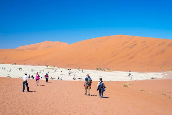 Turistgruppe ved Sossusvlei, Namib Naukluft nasjonalpark, reisemål i Namibia . – stockfoto