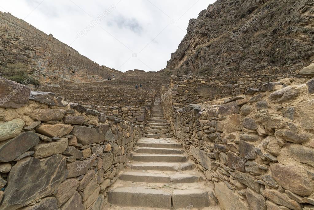 The archaeological site at Ollantaytambo, Inca city of Sacred Valley, major travel destination in Cusco region, Peru.