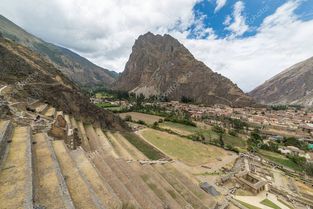 The archaeological site at Ollantaytambo, Inca city of Sacred Valley, major travel destination in Cusco region, Peru.