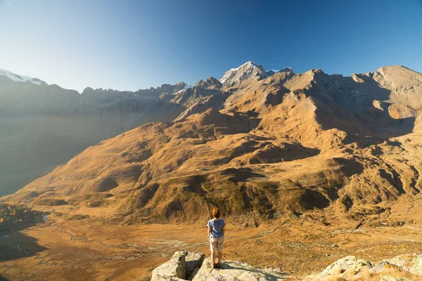One person looking at view high up on the Alps. Expasive landscape, idyllic view at sunset. Rear view. — Stock Photo, Image