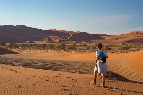 Tourist walking on the sand dunes at Sossusvlei, Namib desert, Namib Naukluft National Park, Namibia. Traveling people, adventure and vacations in Africa.