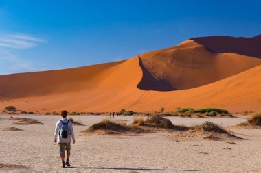 Turist Sossusvlei, Namib Çölü, Namib Naukluft Milli Parkı, Namibya doğal tepeleri üzerinde yürüme. Macera ve keşif Afrika.