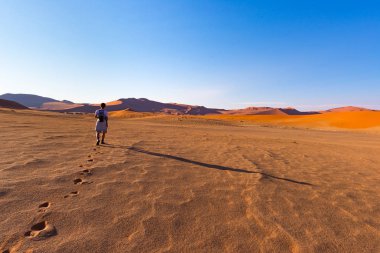 Sossusvlei, Namib Çölü, Namib Naukluft Milli Parkı, Namibya, kum tepeleri üzerinde yürüyen turist. Afrika'da kişi, macera ve tatil seyahat.
