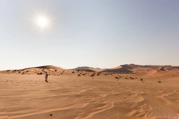 Turist går på sanddynene i Sossusvlei, Namib-ørkenen, Namib Naukluft nasjonalpark, Namibia. Reisende mennesker, eventyr og ferier i Afrika . – stockfoto