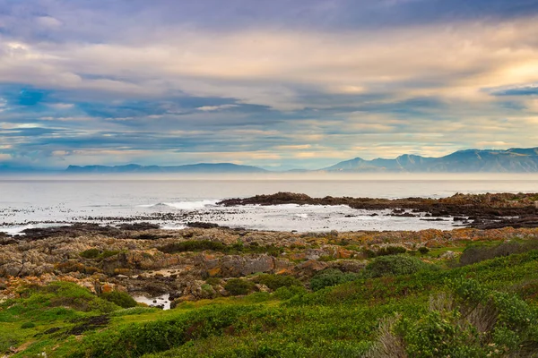 Linha costeira rochosa no oceano em De Kelders, África do Sul, famosa pela observação de baleias. Estação de inverno, céu nublado e dramático . — Fotografia de Stock