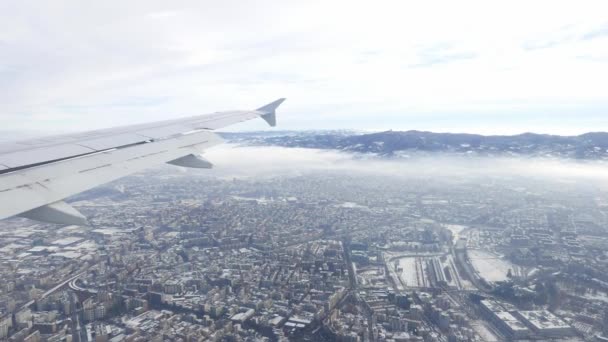 Туринский Вид Воздуха Город Турин Сверху Италия Зима Туман Облака — стоковое видео
