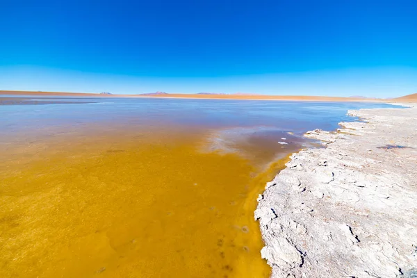 Lago salato ghiacciato sulle Ande, viaggio fino al famoso Salt Flat di Uyuni, destinazione turistica in Bolivia . — Foto Stock